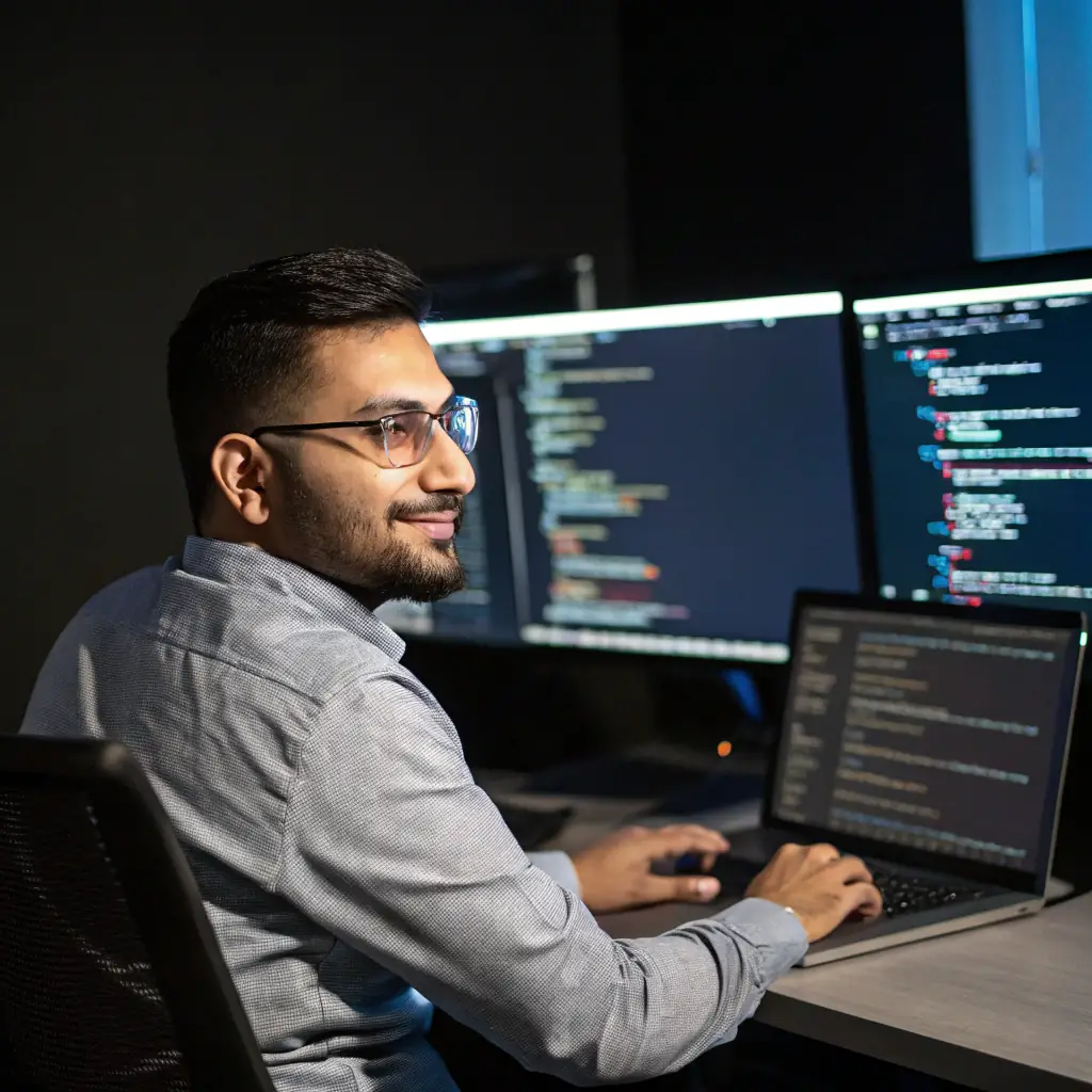 A portrait of a friendly, intelligent-looking AI scientist with glasses in a modern office setting, surrounded by computer screens displaying complex algorithms.